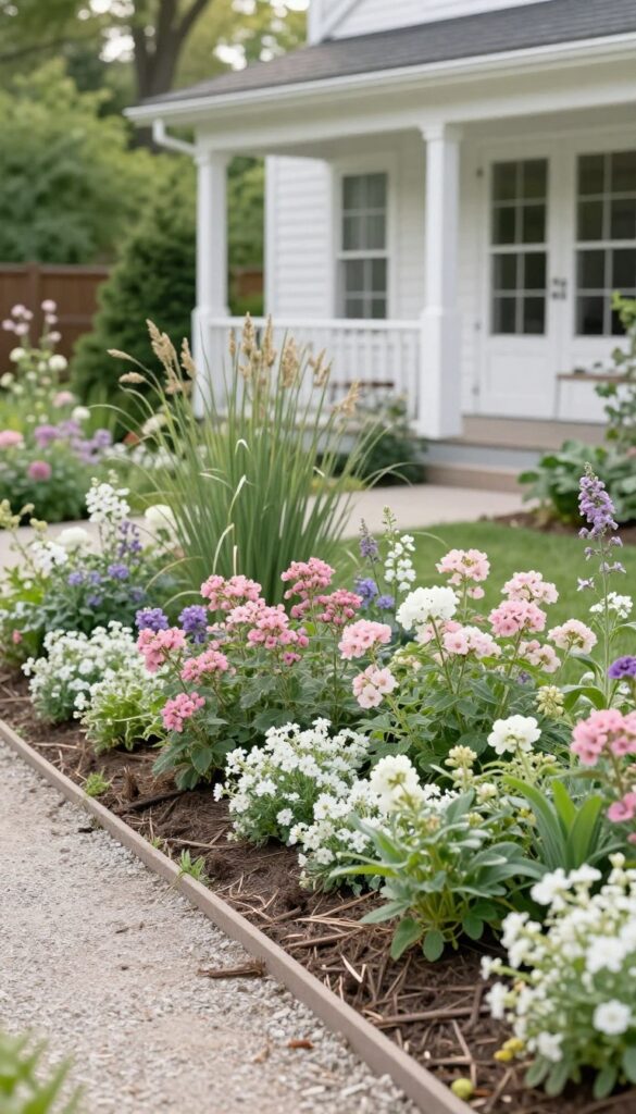 Layered farmhouse flower bed with tall ornamental grasses, medium blush and lavender flowering plants, and low border ground cover in bright natural light.