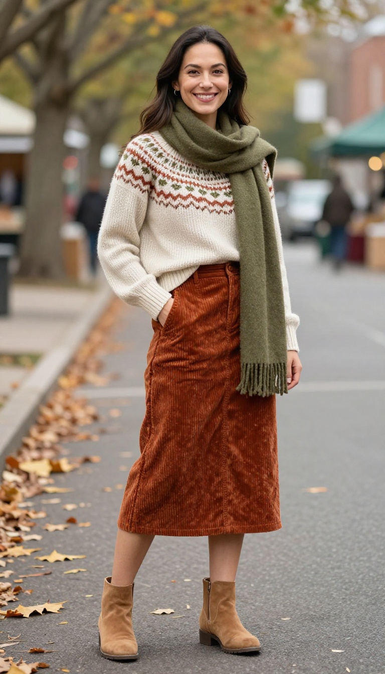 9. Corduroy Skirt with a Fair Isle Sweater