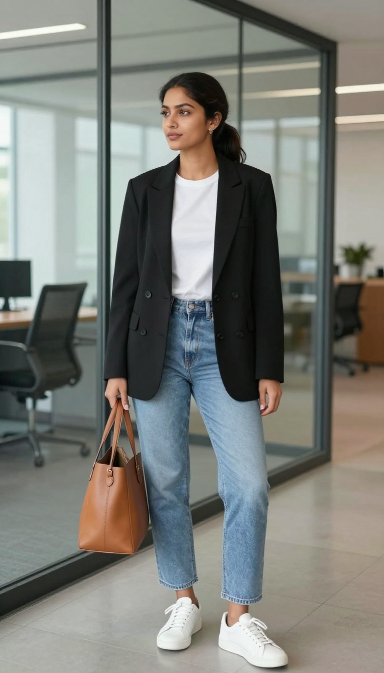 1. Power Shoulder Blazer + Straight-Leg Jeans