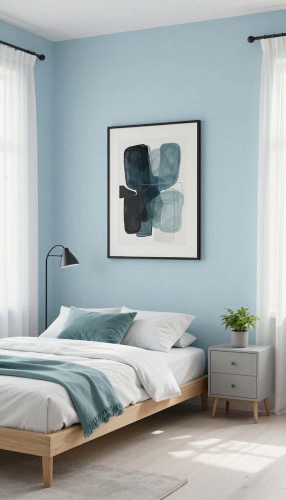8. Soft Blue Walls With Black Artwork idea