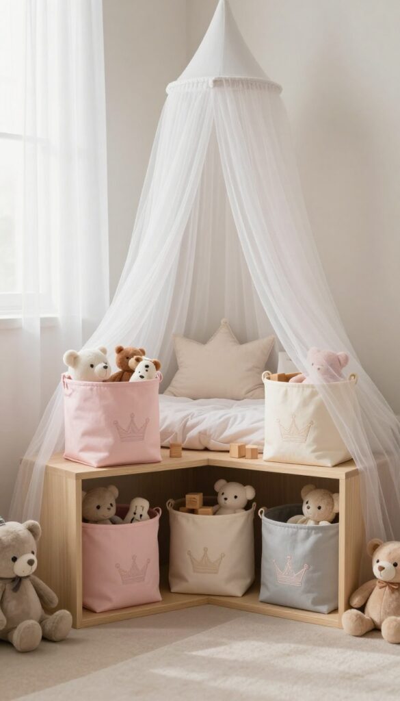 Bright toddler princess bedroom corner with low wooden shelves holding blush, cream, and soft gray fabric storage baskets with embroidered crown details, filled with plush toys in natural light.