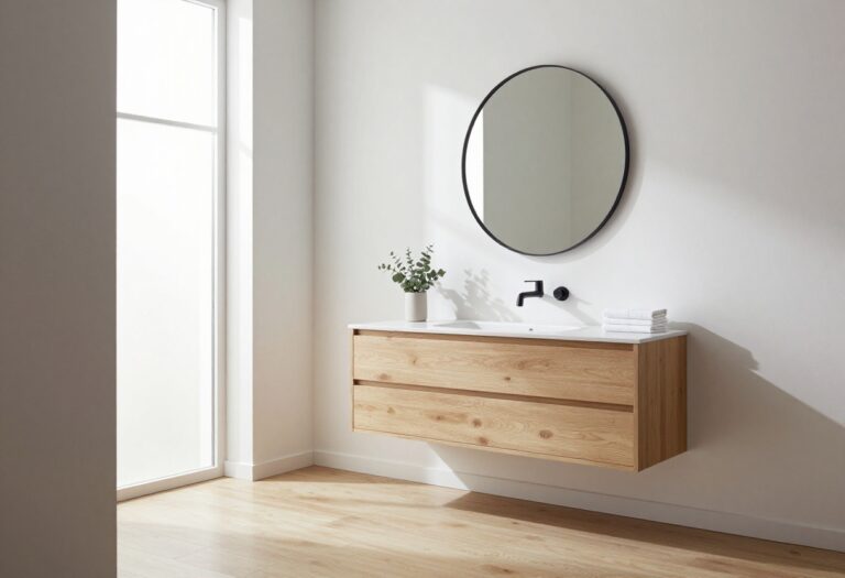 Bright small bathroom with a floating wood vanity, round mirror, and open floor space beneath