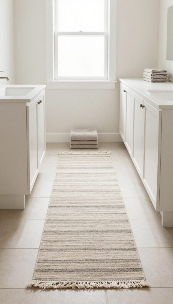 Bright small long bathroom with a neutral low-pile runner rug centered on pale tile floor, leading toward a clean vanity with folded towels in a soft accent color.
