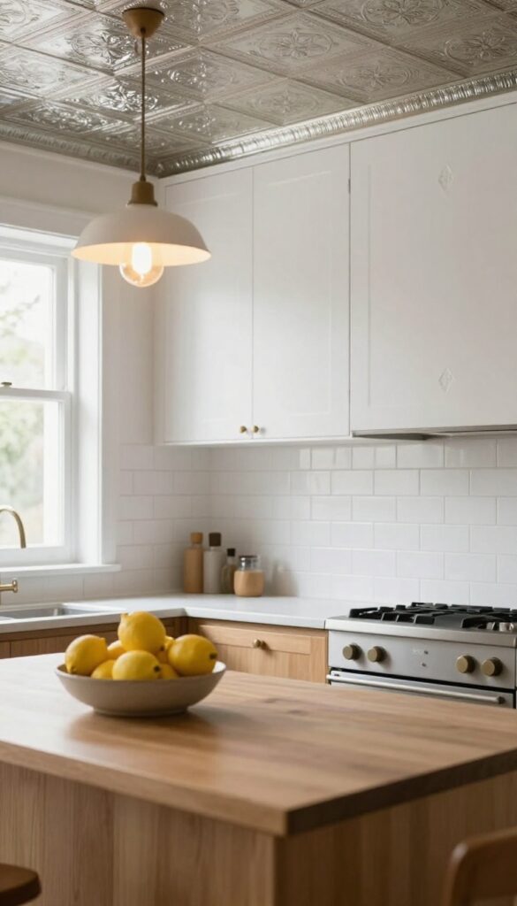 Bright vintage kitchen with an embossed pressed tin tile ceiling, subway tile backsplash, and classic pendant lighting in natural daylight