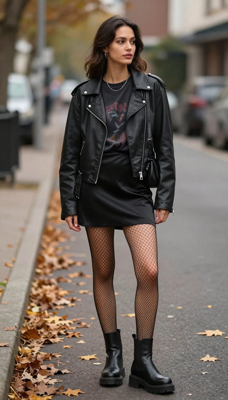 4. Slip Skirt + Fishnet Tights + Cropped Leather Jacket