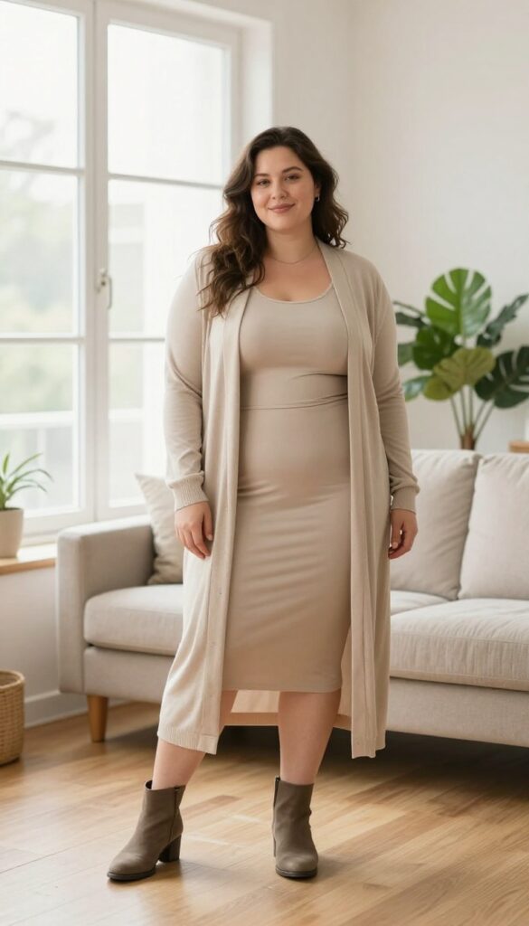 Plus-size woman wearing a simple fitted dress layered with a long neutral cardigan and ankle boots, standing in a bright cozy living room.