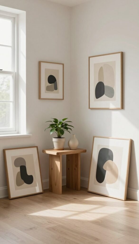 Leaned framed artworks stacked on the floor and console table in a bright casual living room with a small plant and ceramic sculpture for balance.