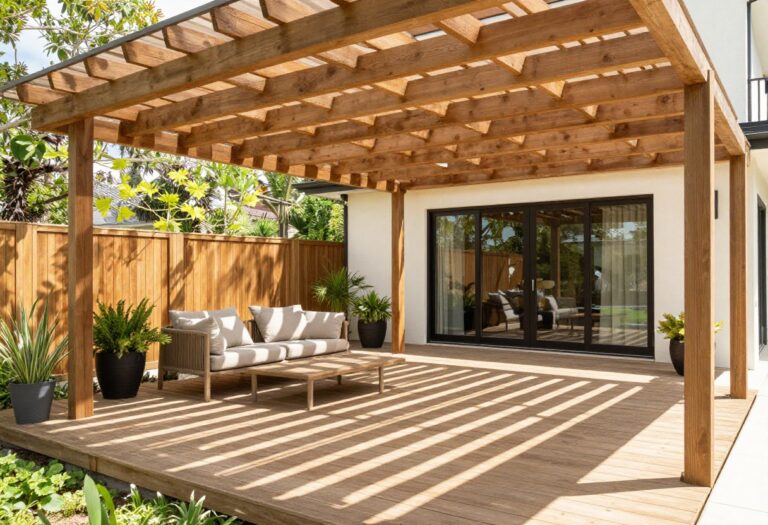 Covered wooden deck with a cedar pergola and adjustable shade panels creating comfortable shaded outdoor seating