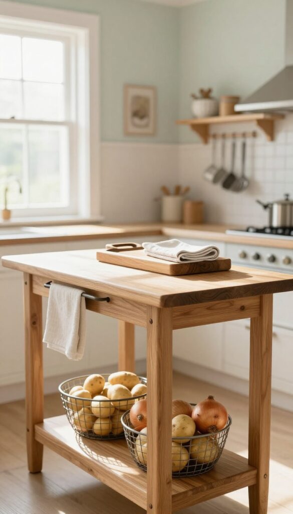 Rolling farmhouse kitchen cart with a butcher block top adding extra counter space in a small bright rustic kitchen