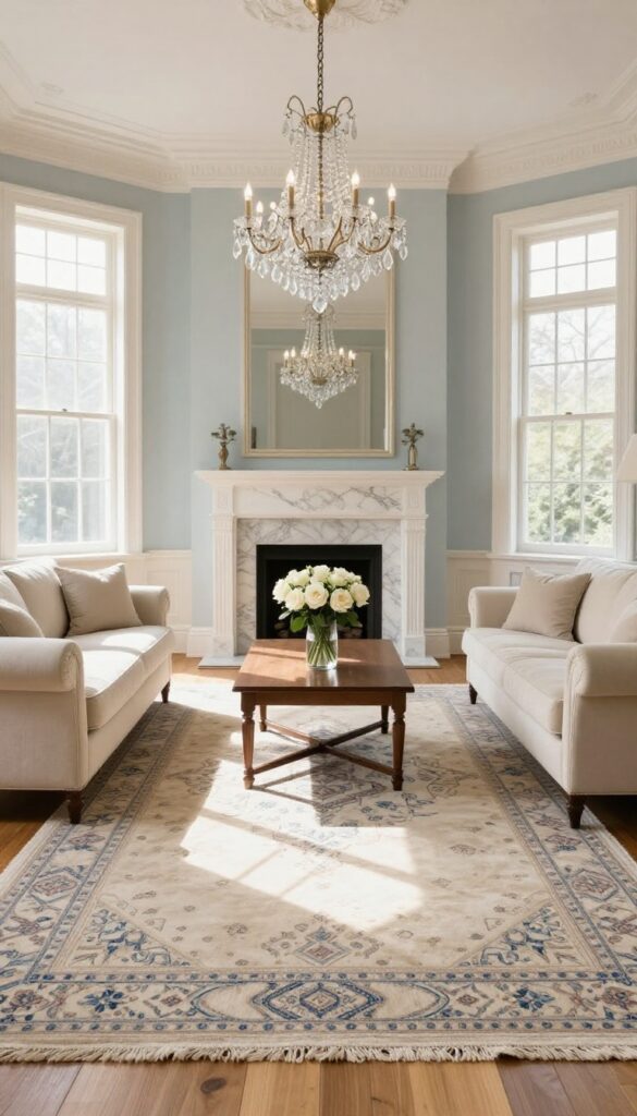 Formal living room with a large Persian-style rug layered over a neutral base rug, anchoring a classic sofa and armchairs with visible floor border around the edges