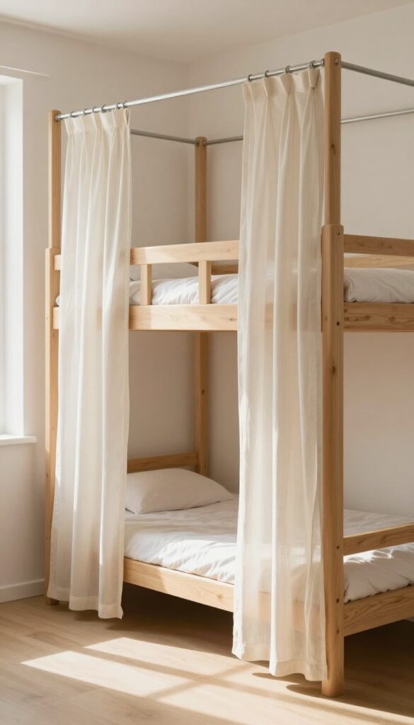 Wooden double deck bed with lightweight privacy curtains tied back on the top bunk in a bright small bedroom