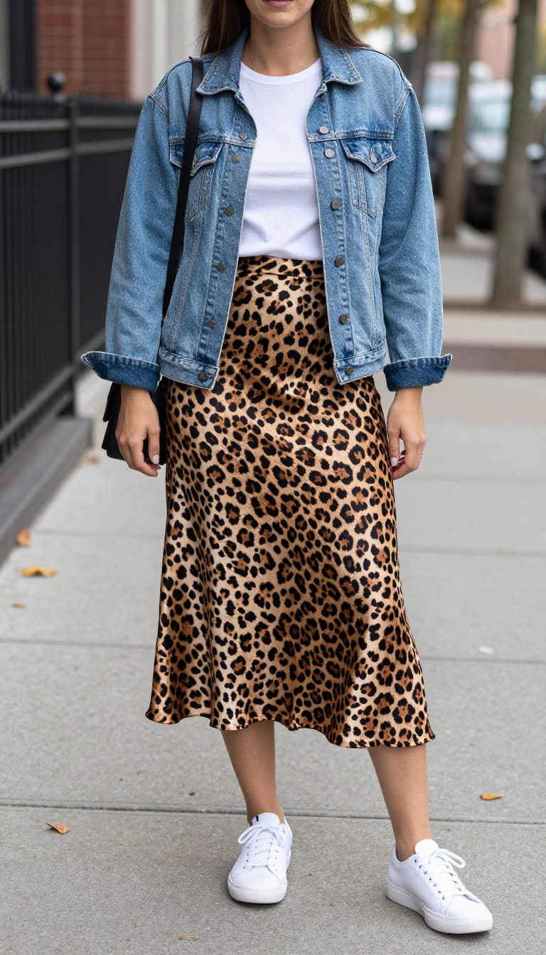 2. Leopard Slip Skirt with a Cropped Denim Jacket