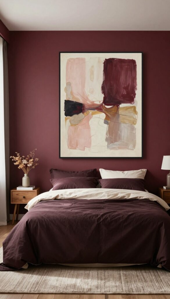 Warm maroon bedroom with a large framed abstract artwork in burgundy tones hanging above a neatly styled bed in bright natural light.