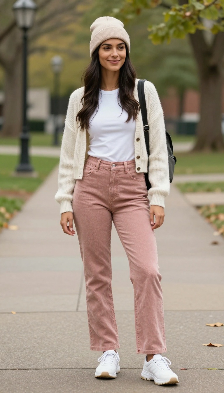 8. Corduroy Pants + Baby Tee + Cardigan