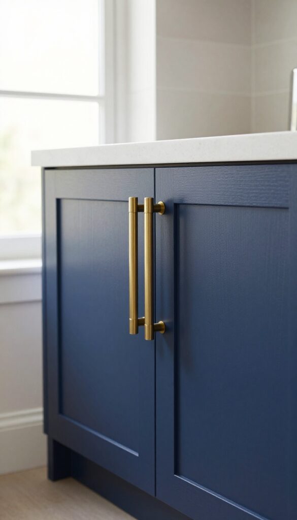 Brushed brass cabinet handles on a navy blue kitchen cabinet in bright natural light, creating a warm modern luxury look.