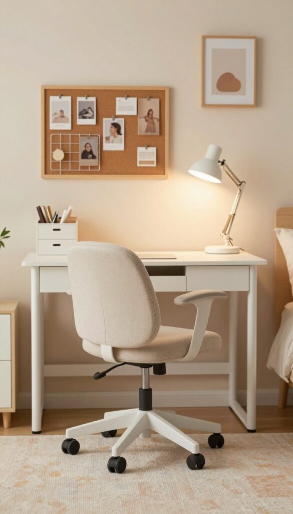 Cozy teen girl study corner with a small desk, comfortable chair, warm lamp, and pinboard in a bright bedroom
