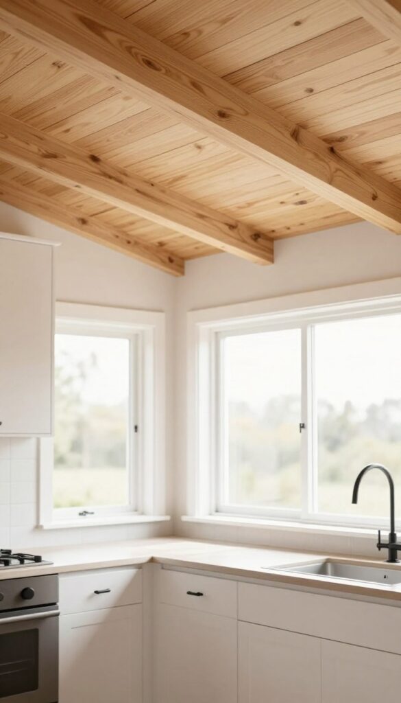 Bright kitchen with a warm wood plank ceiling and white cabinets, natural light highlighting the wood grain overhead.