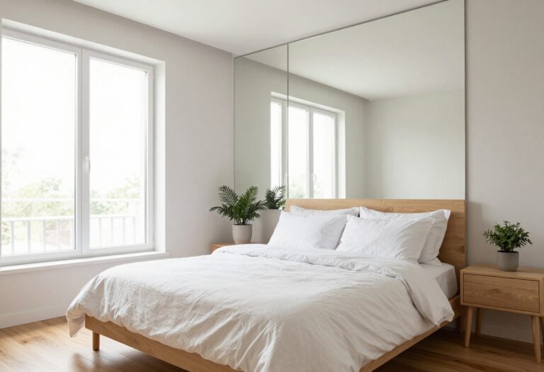 Bright modern bedroom with a full wall of tall frameless vertical mirror panels reflecting natural light and a neatly made bed