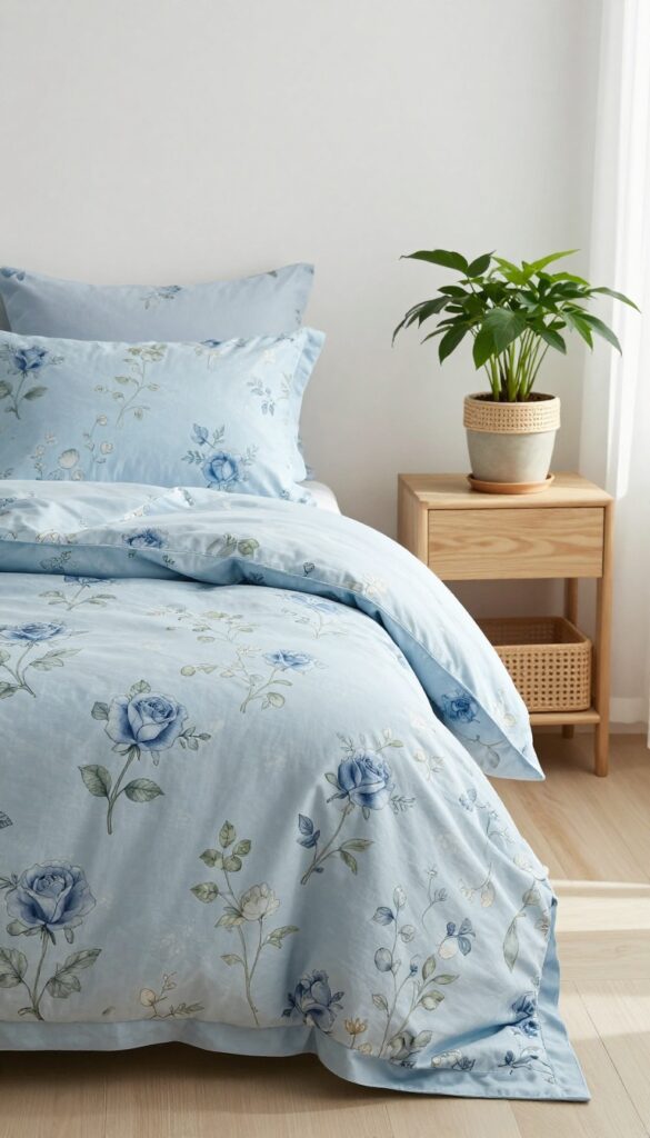 Bright bedroom with blue floral botanical print bedding, soft green leaves, and a real potted plant on a wooden nightstand in a calm, nature-inspired space.