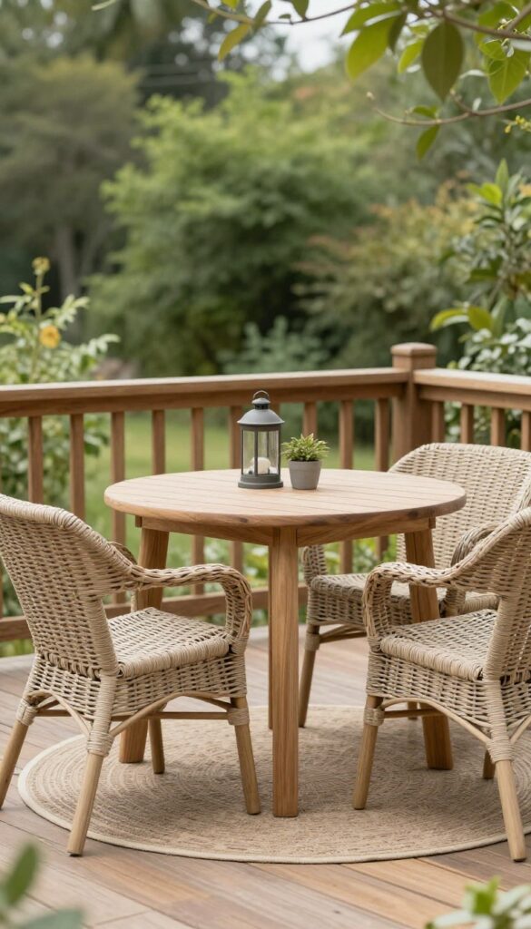 Cozy small round wooden table with two woven chairs and a planter centerpiece on a bright outdoor deck dining nook near a railing
