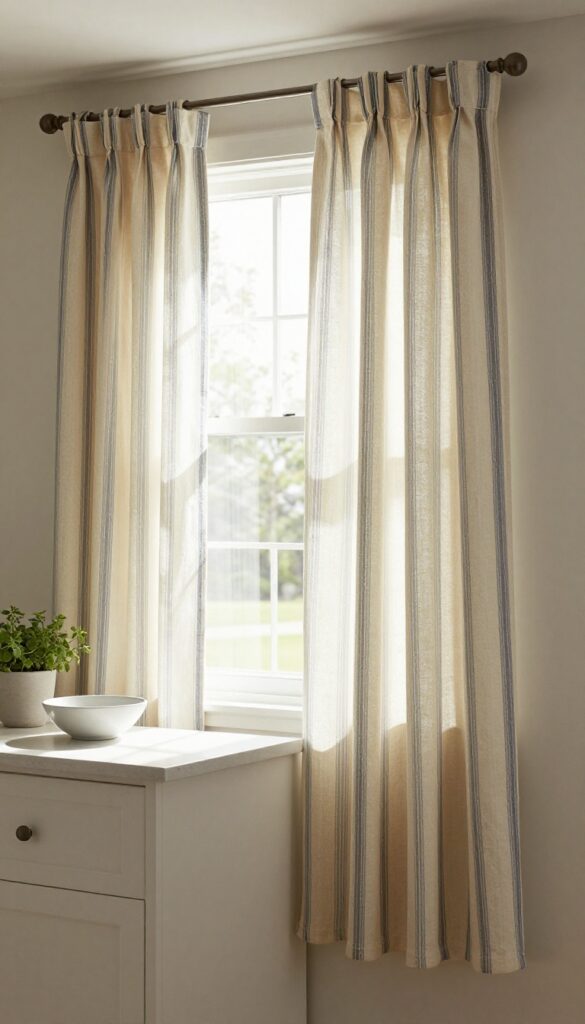 Bright cozy kitchen window with soft cream and navy striped cotton-linen curtains hung on a wide rod above a clean countertop with a small potted herb in natural daylight