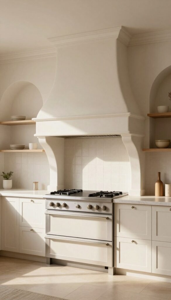 Bright kitchen with a curved cream plaster range hood above a stainless steel stove, soft natural light, rounded cabinet hardware, and arched shelving.