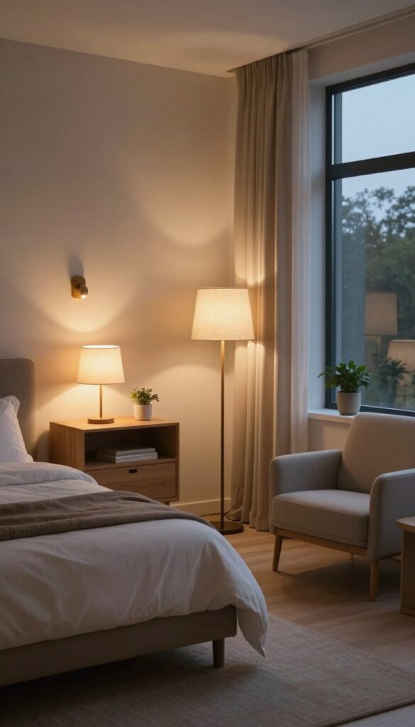Cozy bedroom at dusk with layered lighting from bedside lamps, a floor lamp, and a wall sconce creating warm, soft pools of light for two people.