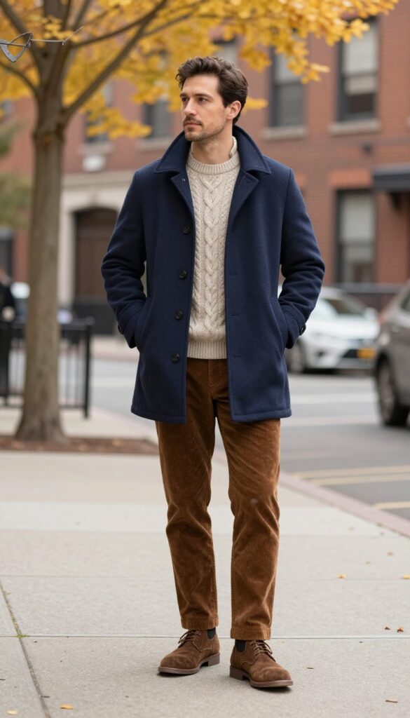 Man in navy peacoat, oatmeal cable-knit sweater, brown corduroy pants, and suede chukka boots on a city street in autumn.