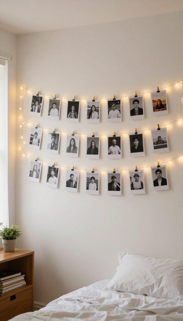 Cozy small bedroom wall decorated with horizontal fairy lights and evenly clipped black-and-white photos glowing in warm natural light