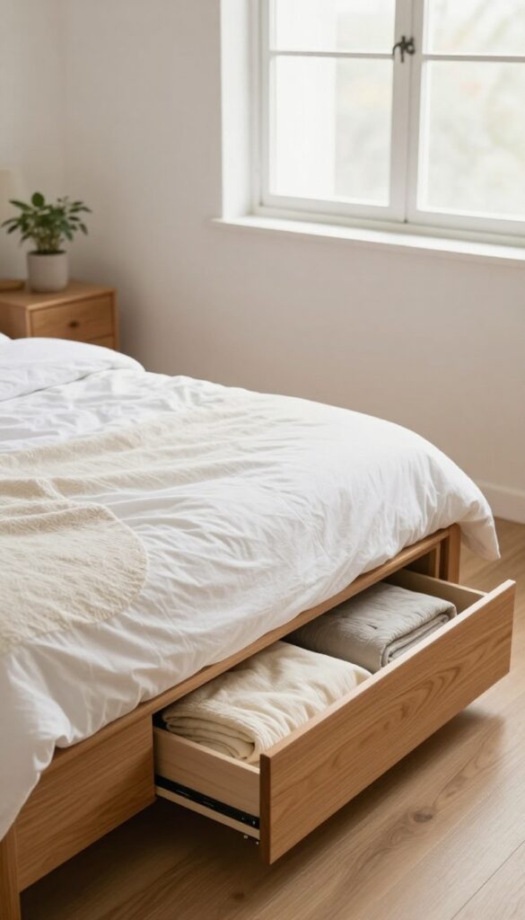 Cozy small bedroom with a wood bed frame featuring built-in under-bed storage drawers, one drawer open with folded blankets, bright natural light and minimal decor