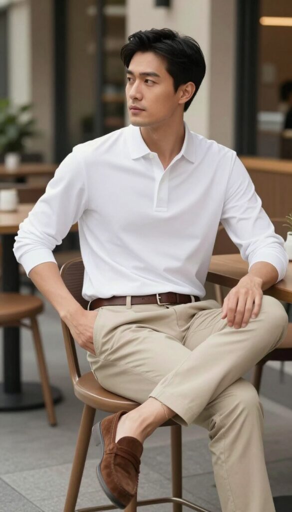 Man in tailored white polo and beige chinos with suede loafers at an upscale café terrace.