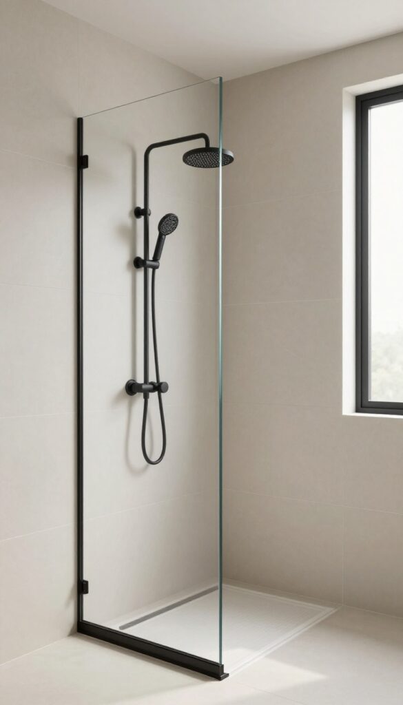 Modern walk-in shower with matte black showerhead and handles against neutral white and beige tiles in bright natural light