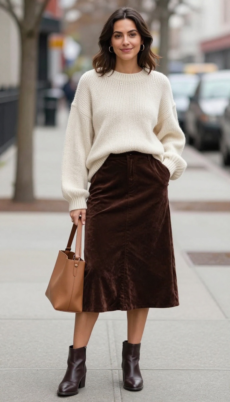 1. Chocolate Velvet Midi Skirt with a Chunky Cream Sweater