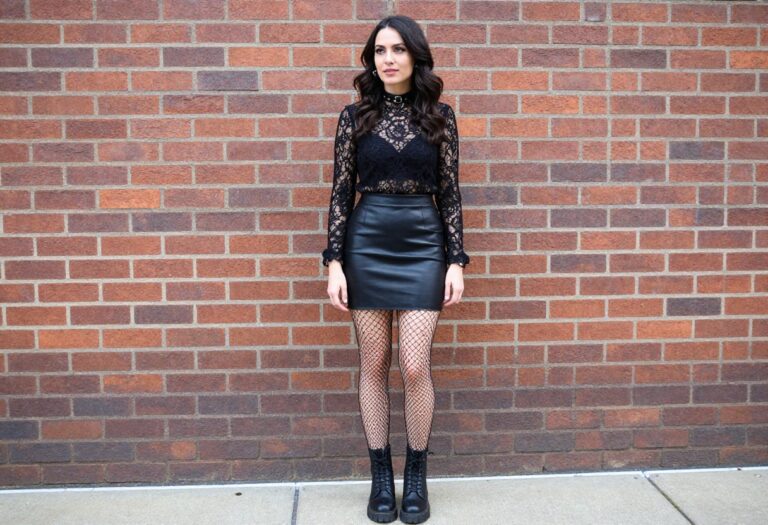 Woman in 80s goth outfit with lace blouse and leather skirt