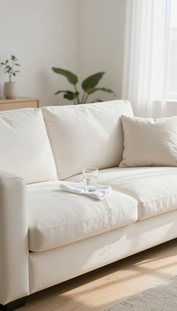 Bright living room with a white performance-fabric sofa where spilled water beads up on the stain-resistant upholstery