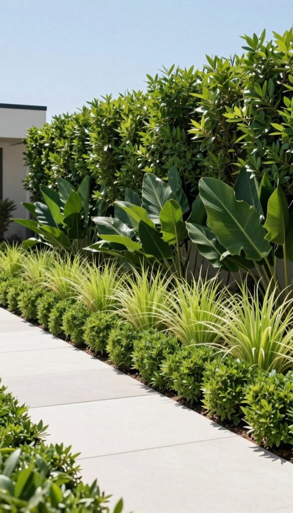 Modern front yard with a monochromatic green landscape of layered hedges, broad leaves, and fine ornamental grasses under bright natural light.