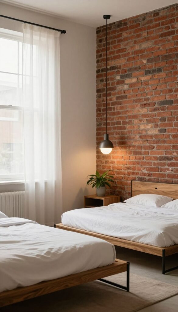 Industrial-style bedroom with a single exposed brick accent wall, dark grout, warm wood nightstands, black metal accents, and soft natural light.