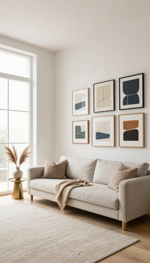 Bright modern living room with an asymmetrical gallery wall of varied-size abstract art frames in black, oak, and brass, arranged in an organic uneven flow above a neutral sofa, with natural light from large windows.