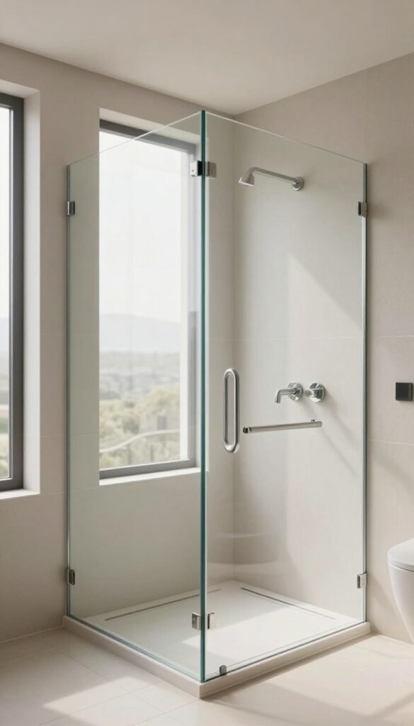 Bright modern bathroom with a frameless glass walk-in shower, continuous tile flooring, and natural light creating an open, airy feel.