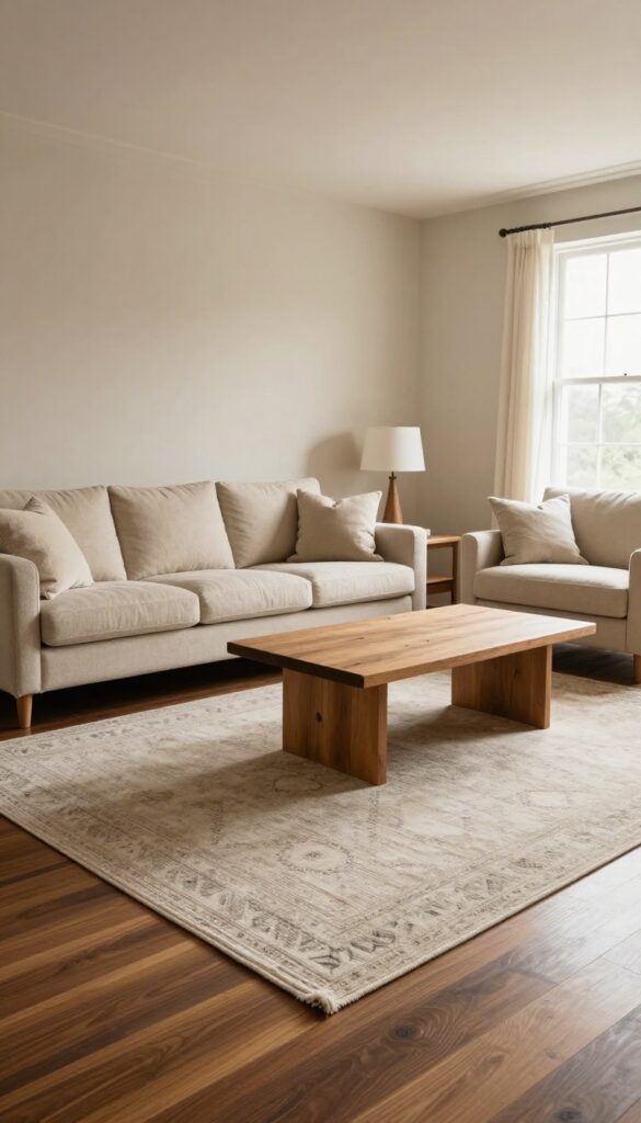 Bright living room with a large subtly patterned brown area rug grounding a light sofa and cream armchairs around a wooden coffee table in natural daylight