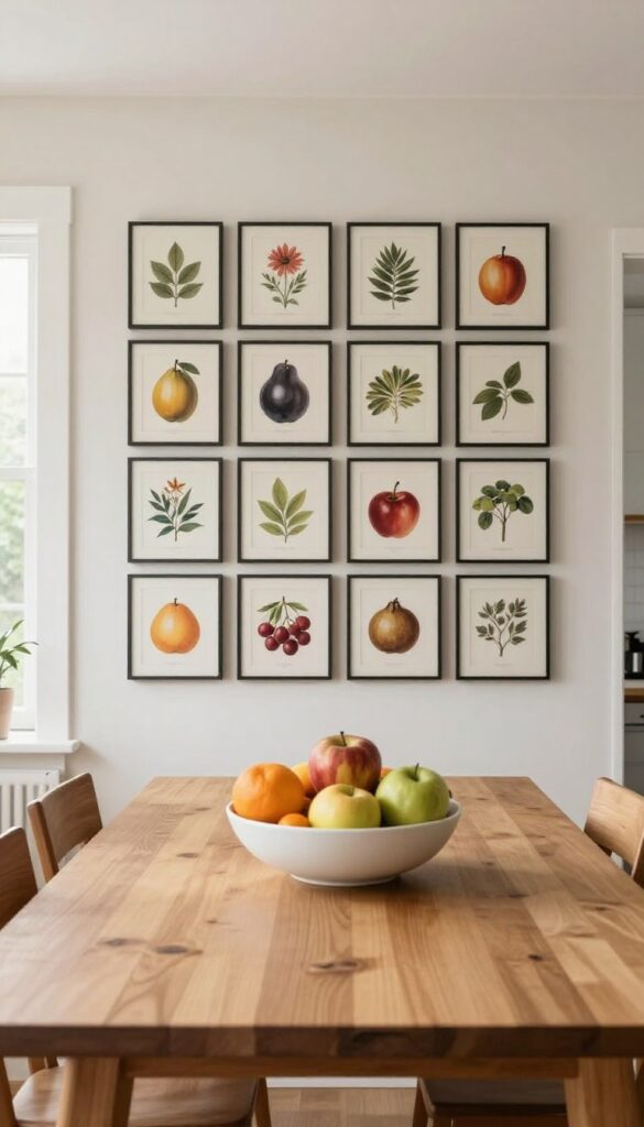 Bright kitchen dining nook with a neat grid of matching black frames filled with vintage botanical and fruit illustrations covering a large wall above a wooden table