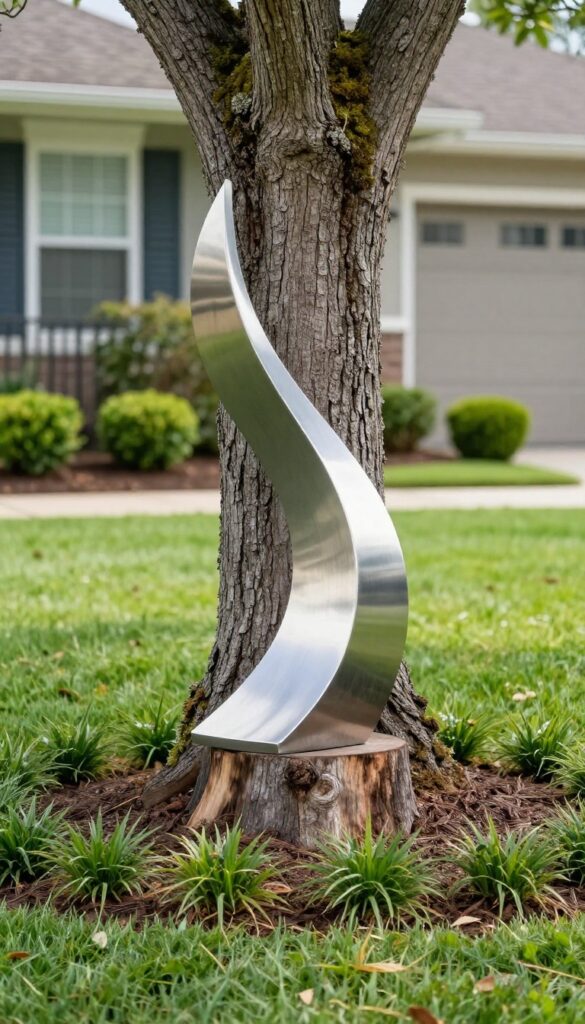 Modern metal sculpture displayed on a thick tree stump in a bright front yard with grass and shrubs.