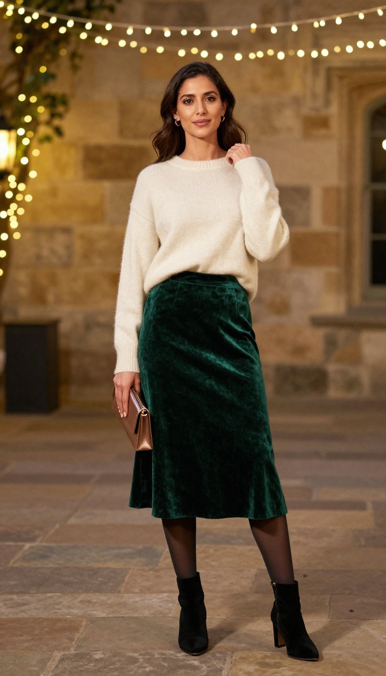 1. Velvet Midi Skirt with a Cashmere Sweater