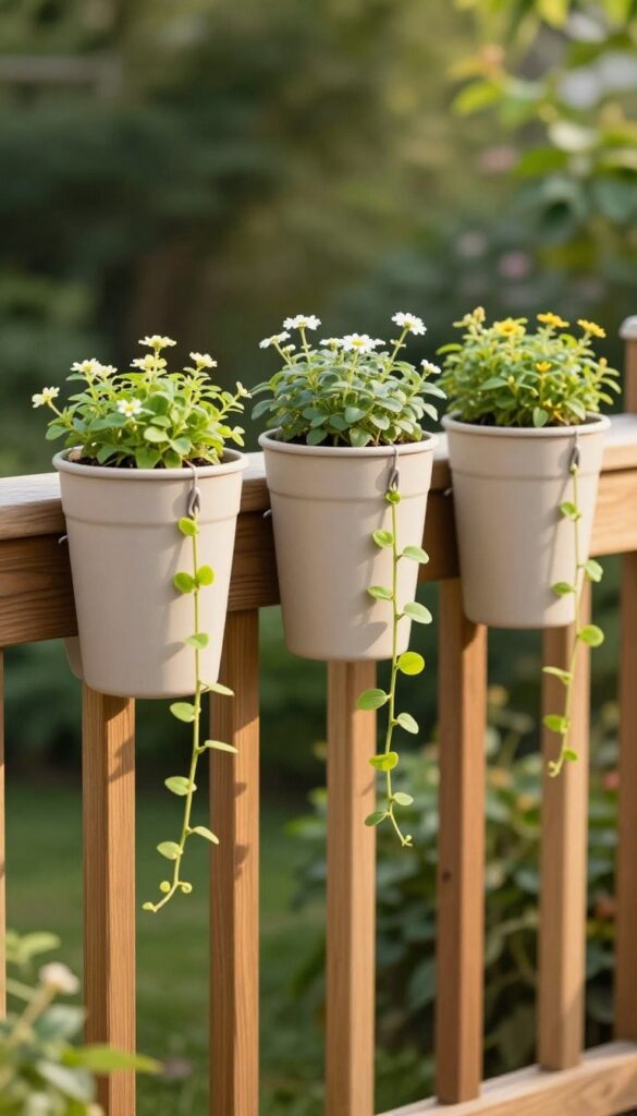 Wooden deck railing decorated with small evenly spaced hanging planters filled with green trailing plants and simple flowers in bright natural light