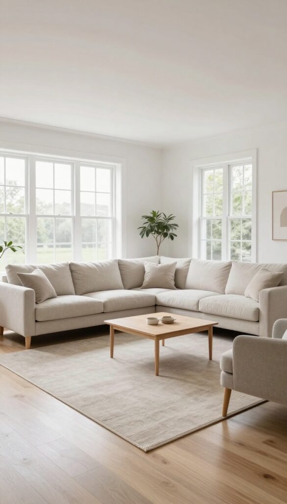 Bright small living room with one oversized light area rug under the sofa, chairs, and coffee table, with a border of wood floor visible around the edges