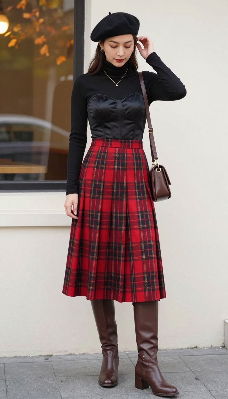 8. Corset + Plaid Skirt + Turtleneck + Beret