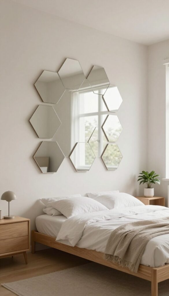 Bright bedroom with a geometric hexagonal mirror wall arranged in a honeycomb pattern above a wooden dresser, reflecting soft natural light.