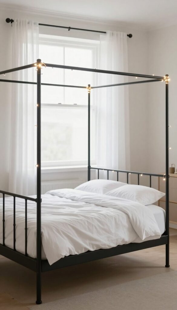 Bright bedroom with a black metal canopy bed wrapped in warm white fairy lights along the frame, glowing softly in natural daylight