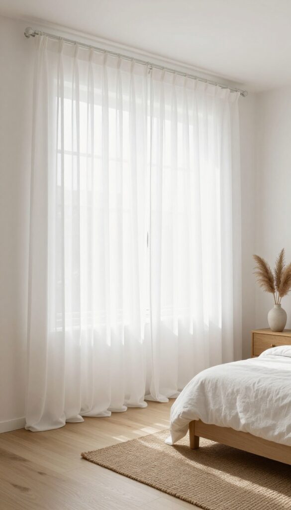 Bright windowless bedroom with floor-to-ceiling sheer white curtains softly puddling on a light wood floor beside a bed with white linen bedding