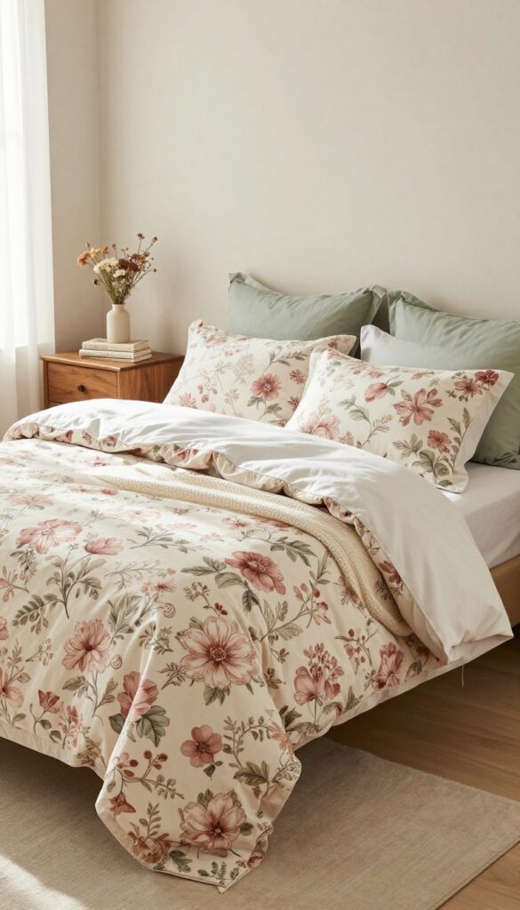 Cozy vintage bedroom bed with layered floral bedding in faded rose, cream, and sage tones, a solid knit blanket between floral layers, and bright natural light from a window